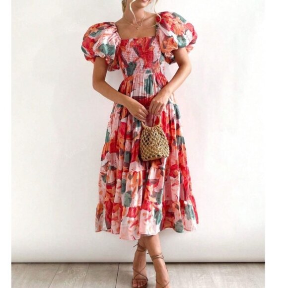 Boho Floral Print Shirred Puff Sleeve Dress - Picture 1 of 5